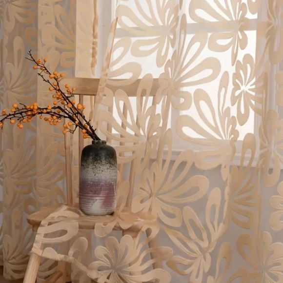 Floral Patterned Cream Sheer Curtains - Picture 3 of 5